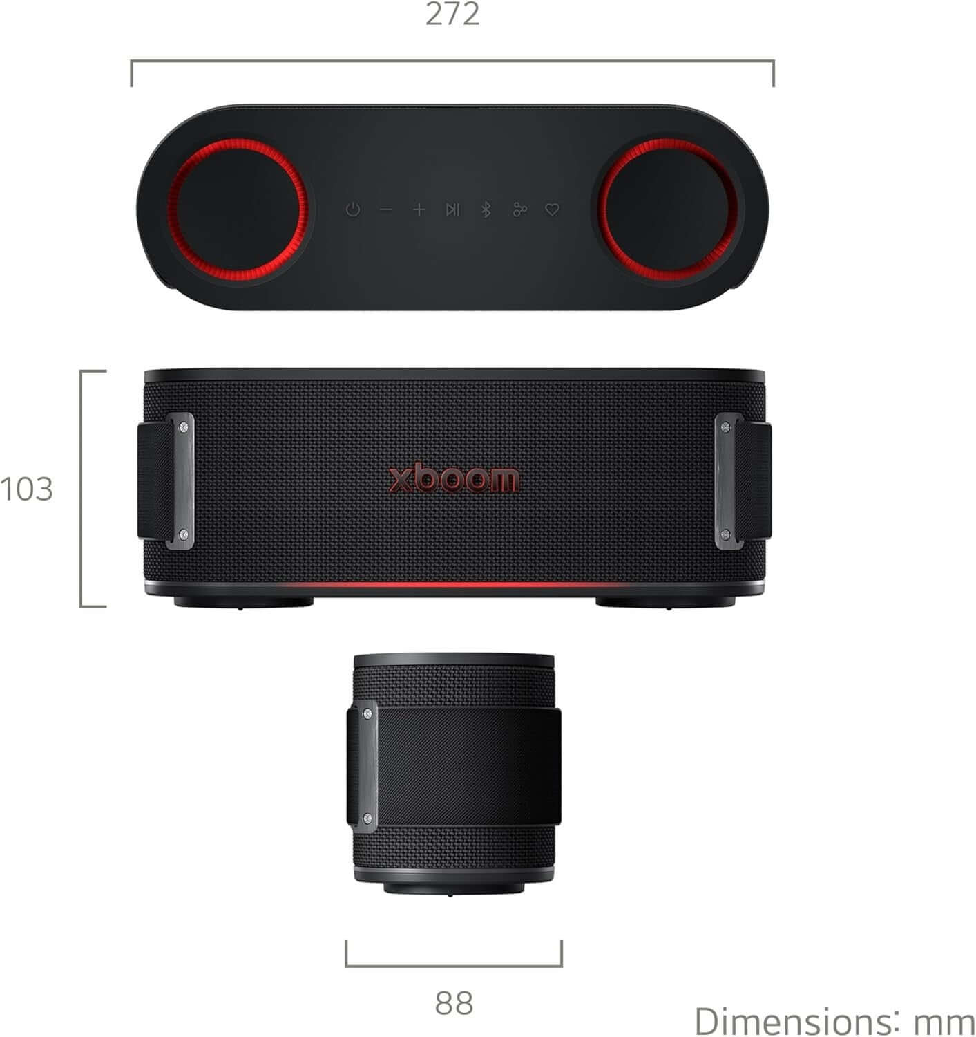 LG XBOOM BOUNCE PORTABLE SPEAKER 40W BLUETOOTH LED PARTY LIGHTS BLACK WATERPROOF dimensions showcasing size and features.