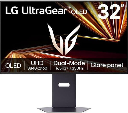LG 32GX850A-B 32" OLED GAMING MONITOR ULTRAGEAR GX8 165HZ 4K UHD USB with glare panel and UHD resolution.
