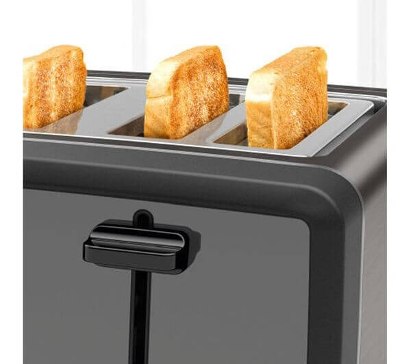 BOSCH DesignLine ERGO TAT5P445GB 4 SLICE TOASTER 980W STAINLESS STEEL ANTHRACITE with toasted bread slices.