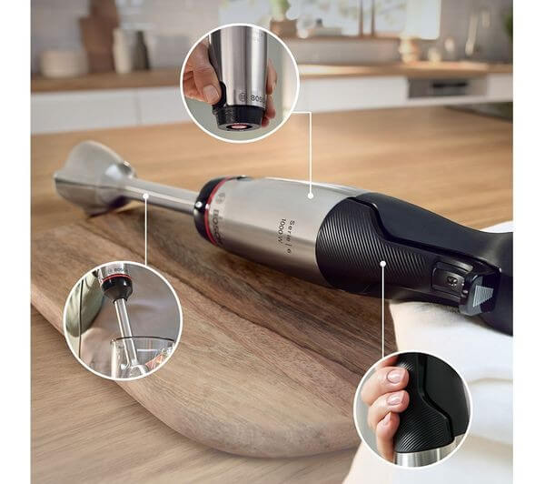 BOSCH ERGOMASTER 3 IN 1 PRESSURE CONTROLLED SPEED HAND BLENDER 1000W MSM6M623GB being used in a kitchen setting.
