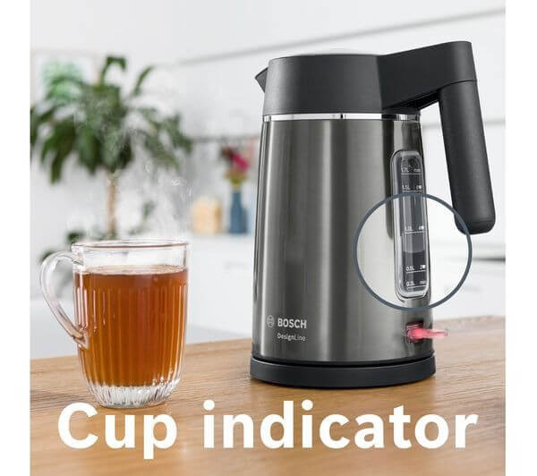 BOSCH DesignLine Ergo TWK5P475GB 3000W 1.7L JUG KETTLE BLACK & ANTHRACITE with cup indicator and brewed tea.