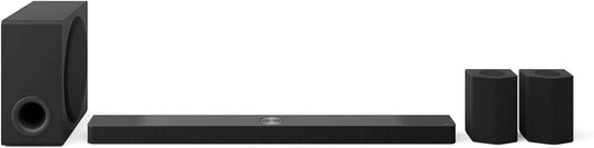 LG US95TR 9.1.5 wireless soundbar with subwoofer and rear speakers featuring Dolby Atmos and 810W power, black design.