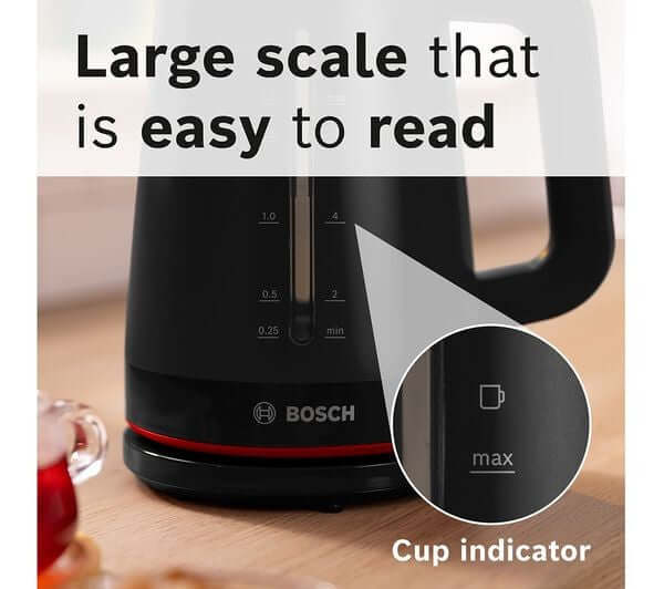 Large scale on BOSCH MyMoments TWK3M123GB 3000W 1.7L ELECTRIC CORDLESS JUG KETTLE BLACK for easy readability.