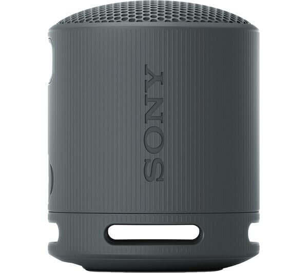 Sony SRS-XB100 portable Bluetooth speaker in black with IP67 waterproof rating and X-Balanced Speaker technology.