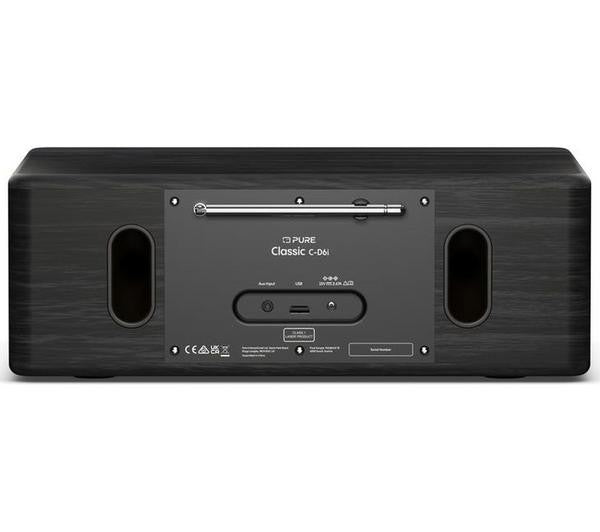 PURE CLASSIC C-D6i DAB+ FM SMART BLUETOOTH CD PLAYER RADIO ALARM BLACK & ASH back view with connections and speakers.
