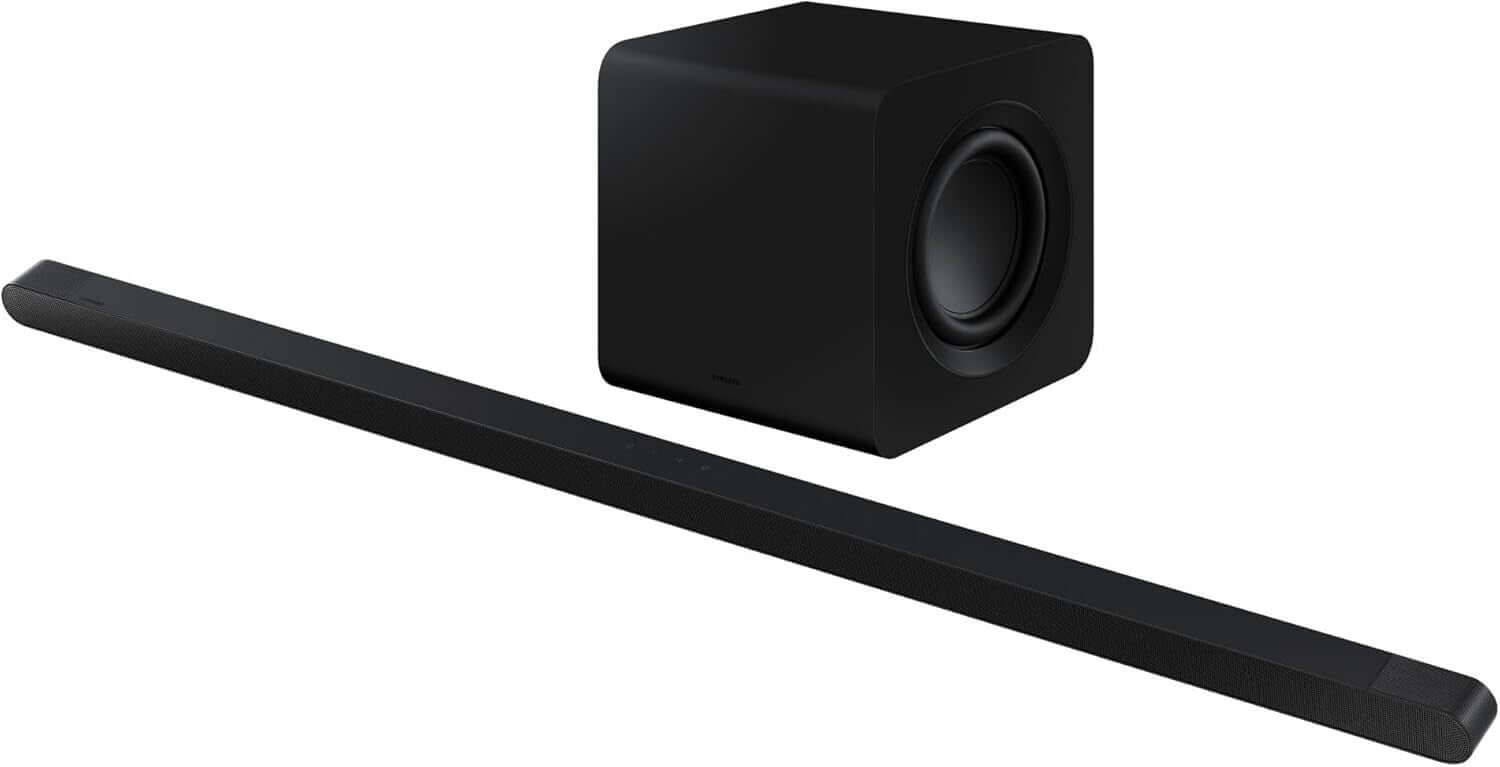 SAMSUNG HW-S800B black wireless ultra slim soundbar and subwoofer for immersive Dolby Atmos sound.