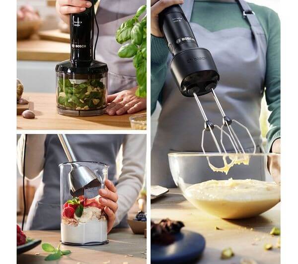 BOSCH SERIES 4 3-in-1 ERGOMASTER MSM4B624GB MULTIFUNCTION HAND BLENDER 1000W in use with various ingredients.