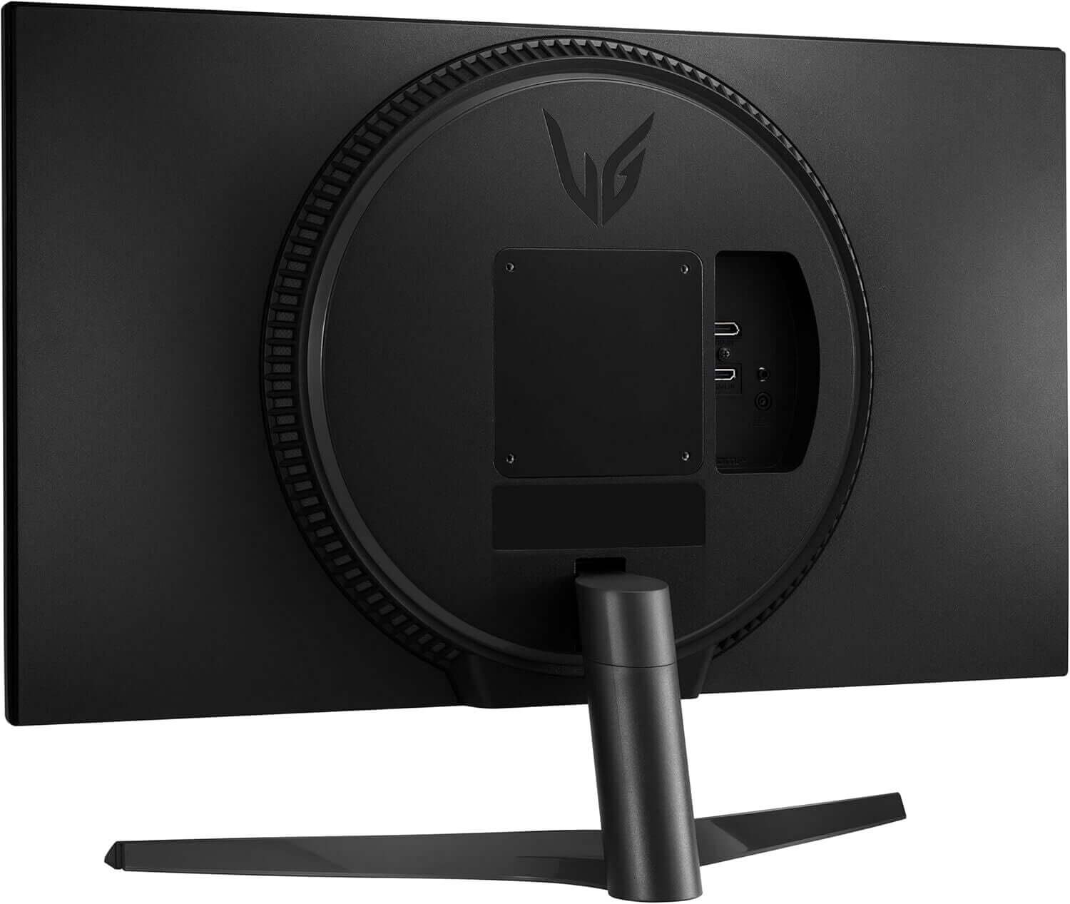 Back view of LG Ultragear 27GS60F-B gaming monitor with port connections and sleek design.