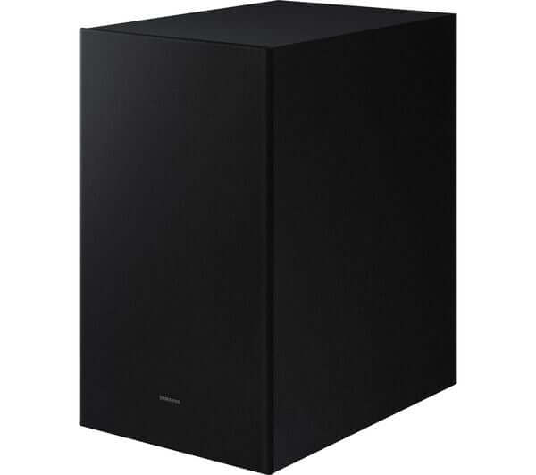 SAMSUNG wireless subwoofer for soundbar, compact black design, powerful audio performance, ideal for home theater systems.