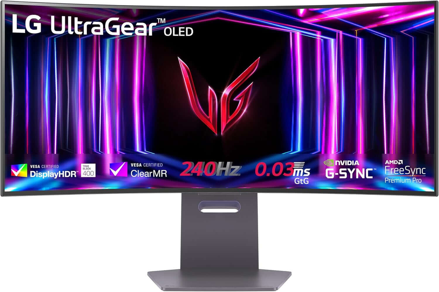 LG 34" OLED GAMING MONITOR ULTRAGEAR 34GS95QE QUAD HD CURVED 1440P with 240Hz refresh rate and 0.03 ms response time.