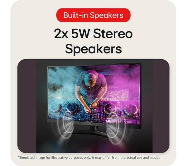 Built-in speakers showcasing 2x 5W stereo speakers with vibrant visuals for enhanced audio experience.