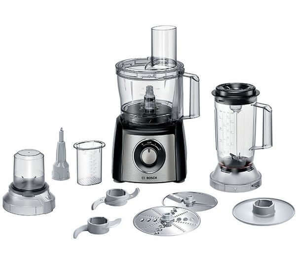 BOSCH MultiTalent3 MCM3501MGB Food Processor with attachments, 800W, silver and black, 2.3L capacity, versatile food preparation.