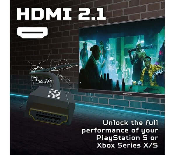 HDMI 2.1 cable showcased with gaming setup, unlocking performance for PlayStation 5 or Xbox Series X/S