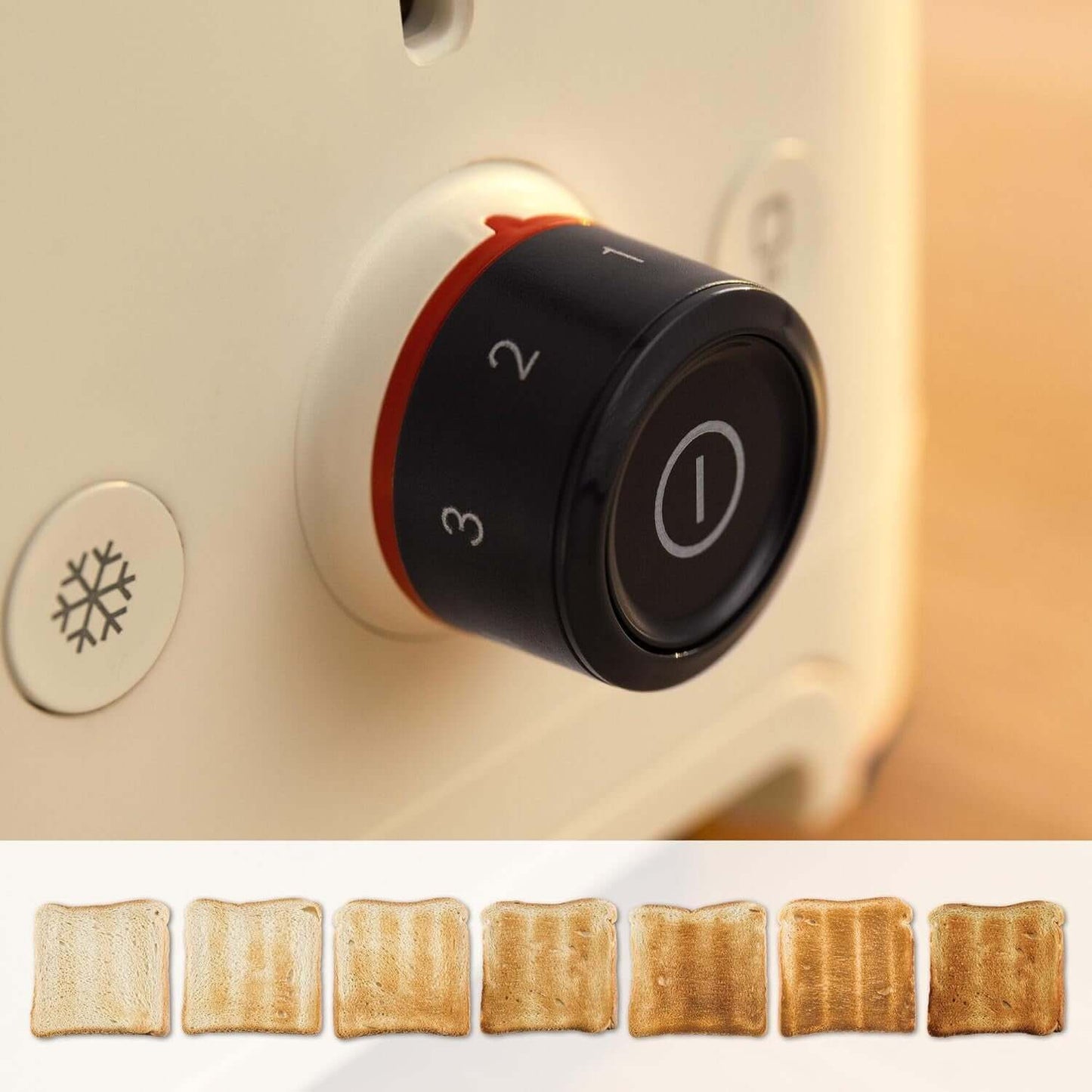 BOSCH MyMoment TAT3M147GB 1900W 4 SLICE TOASTER DEFROST/REHEAT FUNCTION BEIGE control dial and toast browning indicators