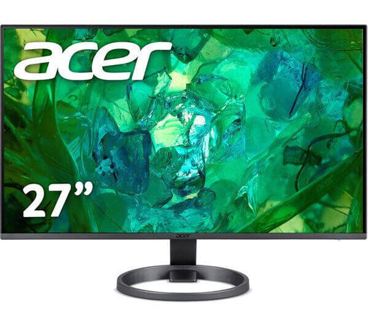 Acer 27 inch IPS LCD monitor featuring vibrant green abstract background and stylish stand.