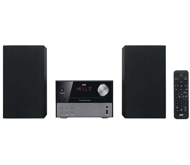 JVC Bluetooth Hi-Fi stereo system with speakers and remote control, black design for enhanced audio experience.