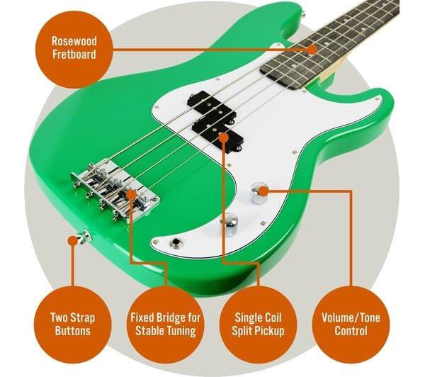 3RD AVENUE 4/4 electric bass guitar bundle with amp features a green glossy body, rosewood fretboard, and various controls.