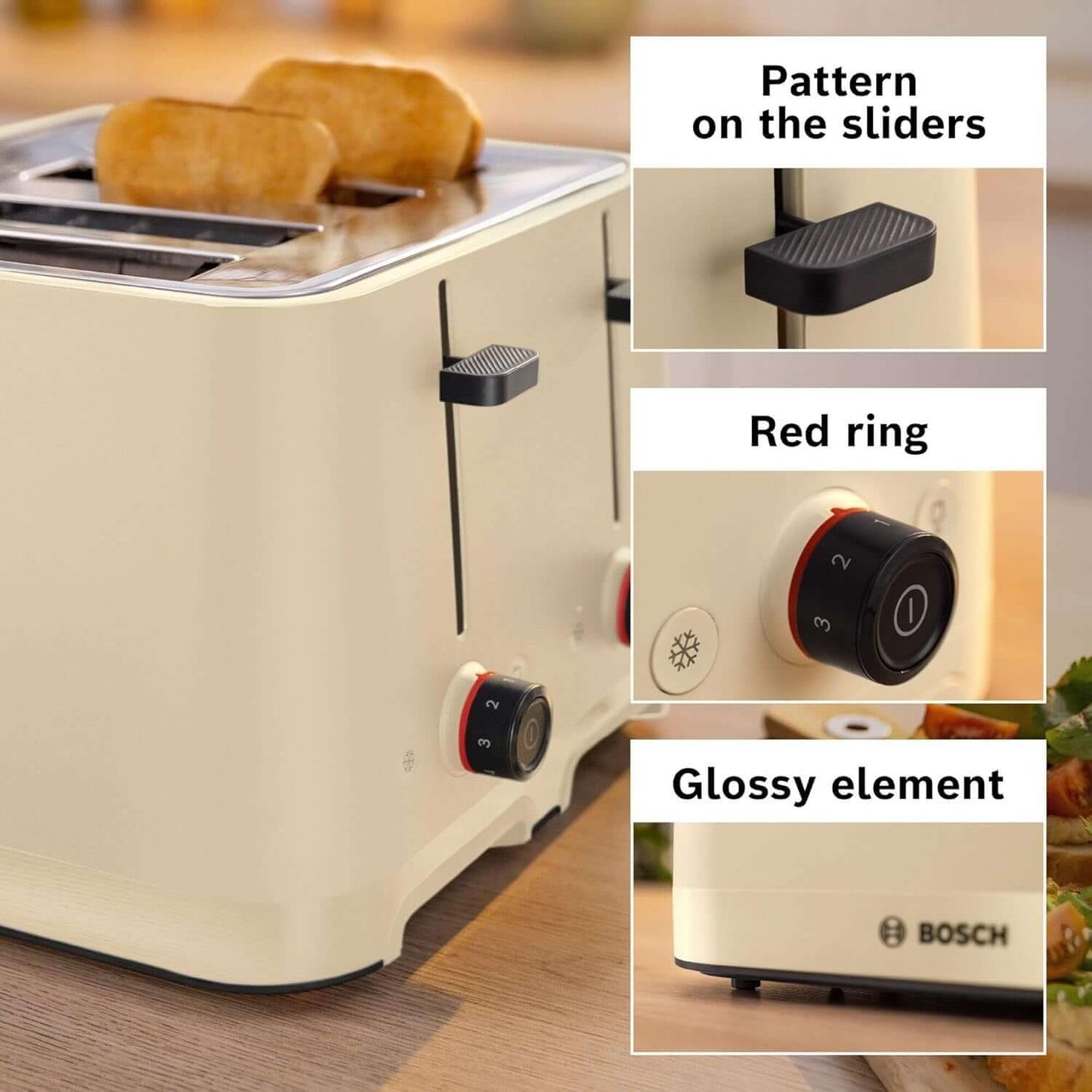 BOSCH MyMoment TAT3M147GB 1900W 4 SLICE TOASTER DEFROST/REHEAT FUNCTION BEIGE close-up details