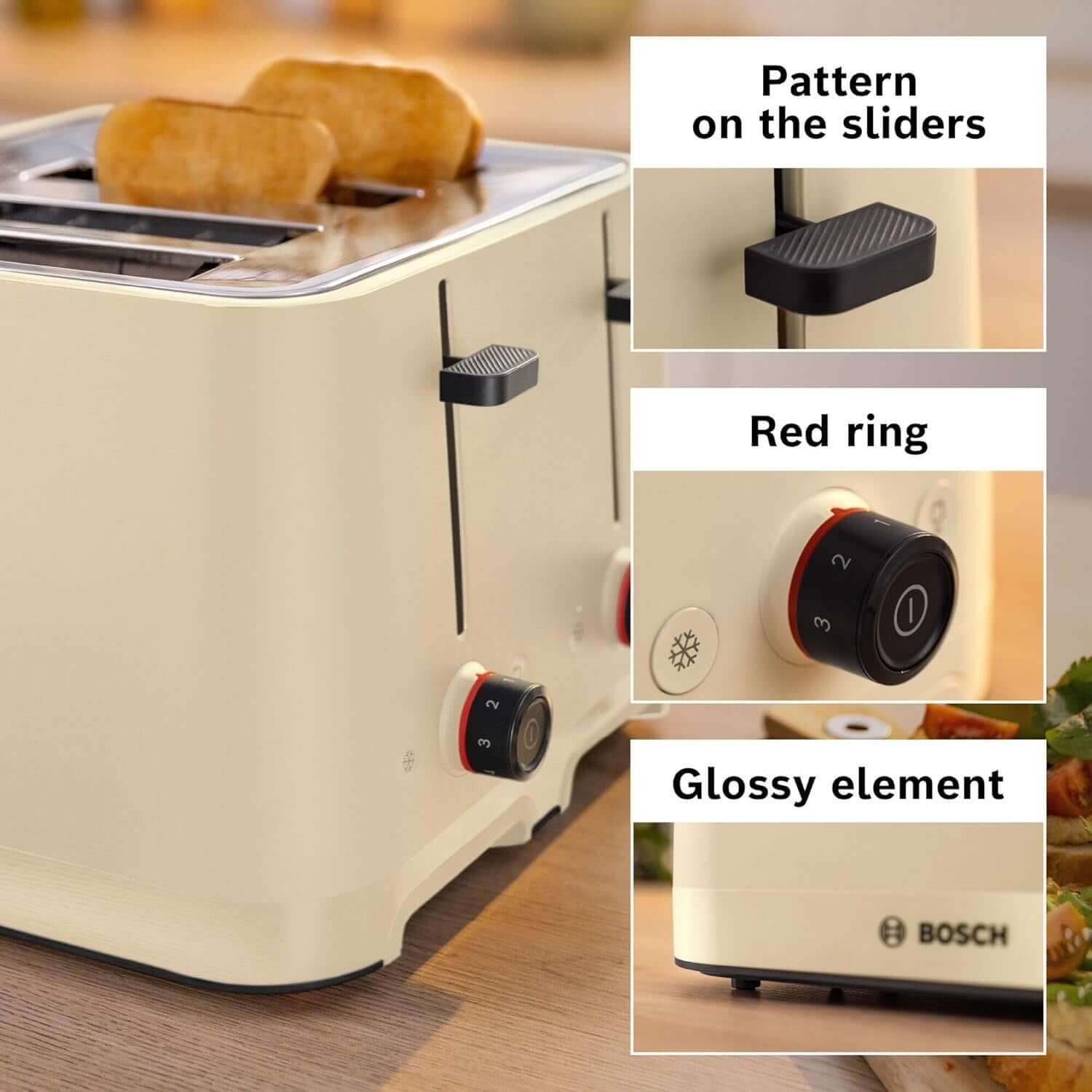 BOSCH MyMoment TAT3M147GB 1900W 4 SLICE TOASTER DEFROST/REHEAT FUNCTION BEIGE close-up details