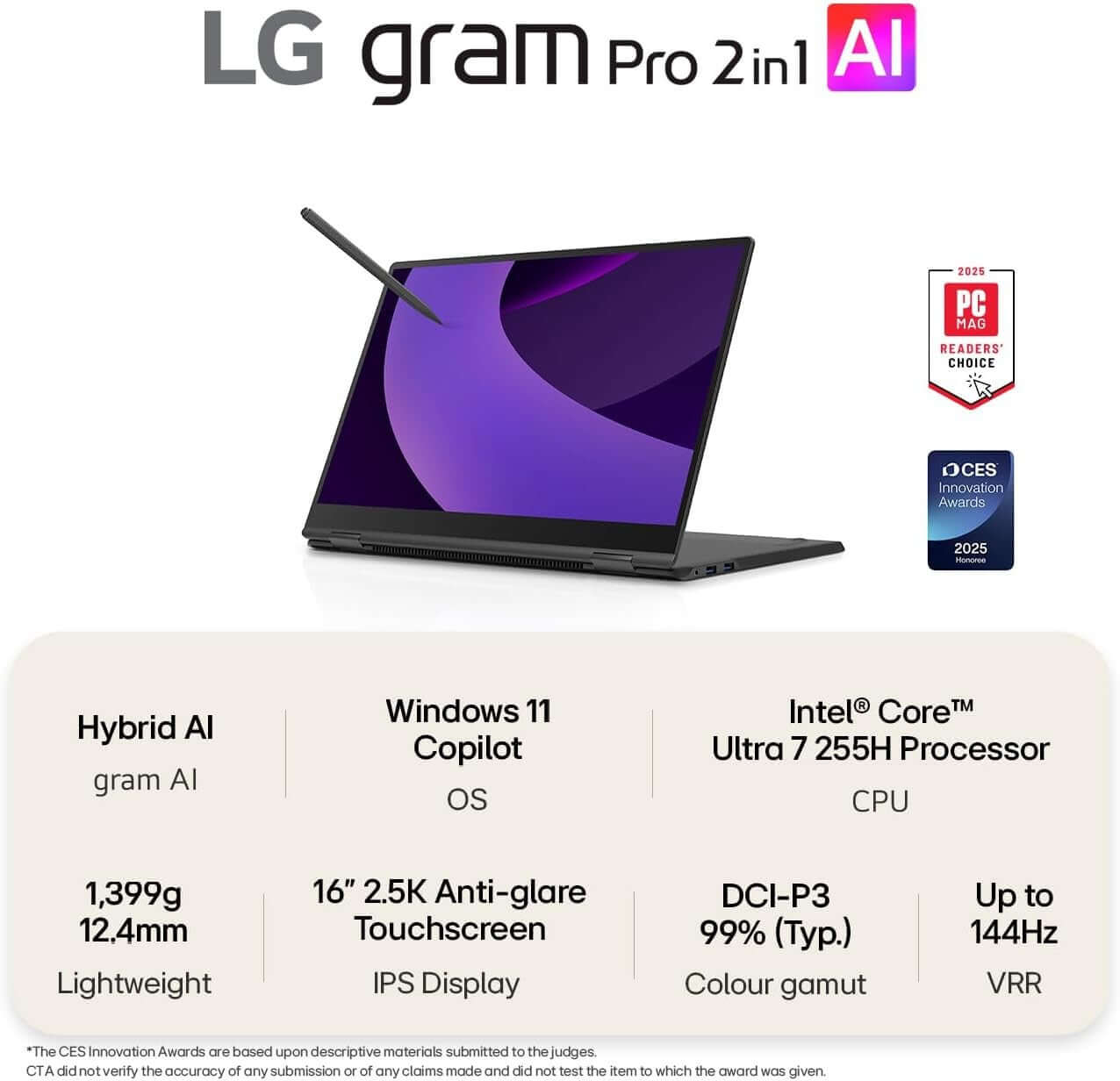 LG 16" LAPTOP GRAM PRO 2 IN 1 2.5K CORE ULTRA 7 255H 1TB SSD 16GB DDR5 16T90TP-G