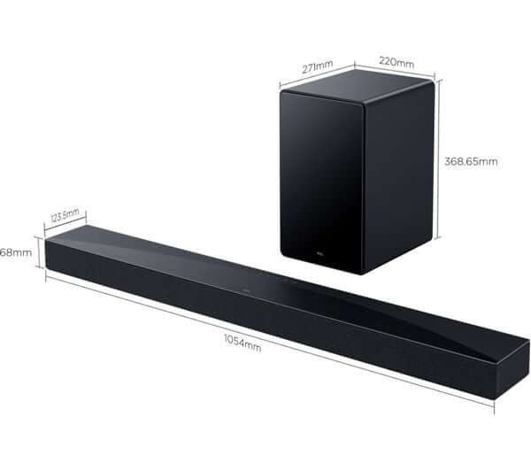 TCL Q65H 5.1 WIRELESS 580W HOME CINEMA SOUNDBAR SUBWOOFER DOLBY ATMOS Q65HK dimensions display with soundbar and subwoofer.