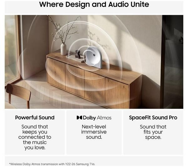 SAMSUNG HW-LS51H/XU MUSIC STUDIO WIRELESS SPEAKER DOLBY ATMOS MUSIC WHITE NEW showcasing design and powerful sound.