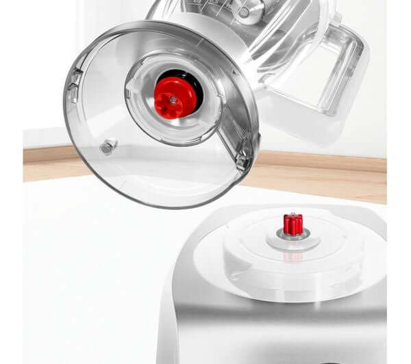 BOSCH MultiTalent8 MC812S734G FOOD PROCESSOR 1200W 3.9L VARIABLE SPEED SILVER detail view with red button and lid