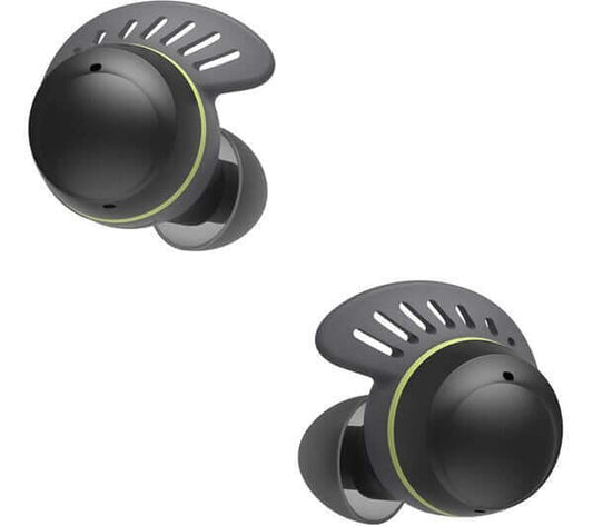 LG HEADPHONES TRUE WIRELESS BLUETOOTH NOISE-CANCELLING IN EAR TONE FREE UTF8Q - Black earbuds with adjustable ear fins.