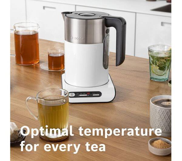 BOSCH Styline TWK8631GB 3000W 1.5L CORDLESS JUG STAINLESS STEEL KETTLE WHITE with optimal temperature for tea.