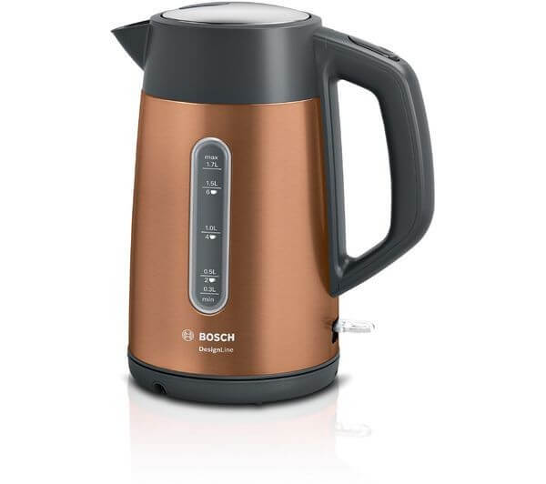 BOSCH DesignLine Plus TWK4P439GB 3000W 1.7L CORDLESS JUG ELECTRIC KETTLE COPPER in a sleek design.