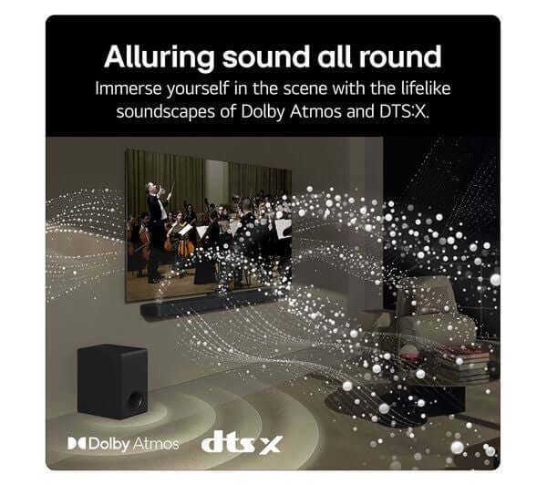 Alluring sound all round with Dolby Atmos and DTS:X for LG USG10TY SOUNDBAR HOME CINEMA 3.1 WIRELESS SUBWOOFER 4K 420W DOLBY ATMOS HDMI.
