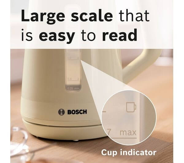 Large cup indicator on BOSCH MyMoments TWK1M127GB 3000W 1.7L DIGITAL DISPLAY ELECTRIC JUG KETTLE CREAM.