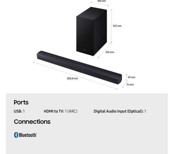 SAMSUNG HW-B450F 2.1 WIRELESS 300W SOUNDBAR SUBWOOFER DTS Virtual:X HDMI OPTICAL ports and dimensions.