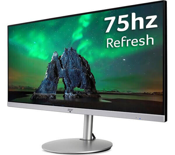 Acer 34" Quad HD IPS LCD Monitor showcasing 75Hz refresh rate and stunning visuals in silver and black finish.