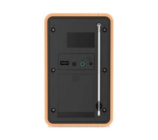 LOGIK L60DAB25 PORTABLE DAB+ FM RADIO ALARM MAINS OR BATTERY 2" LCD DISPLAY back view with ports and antenna.
