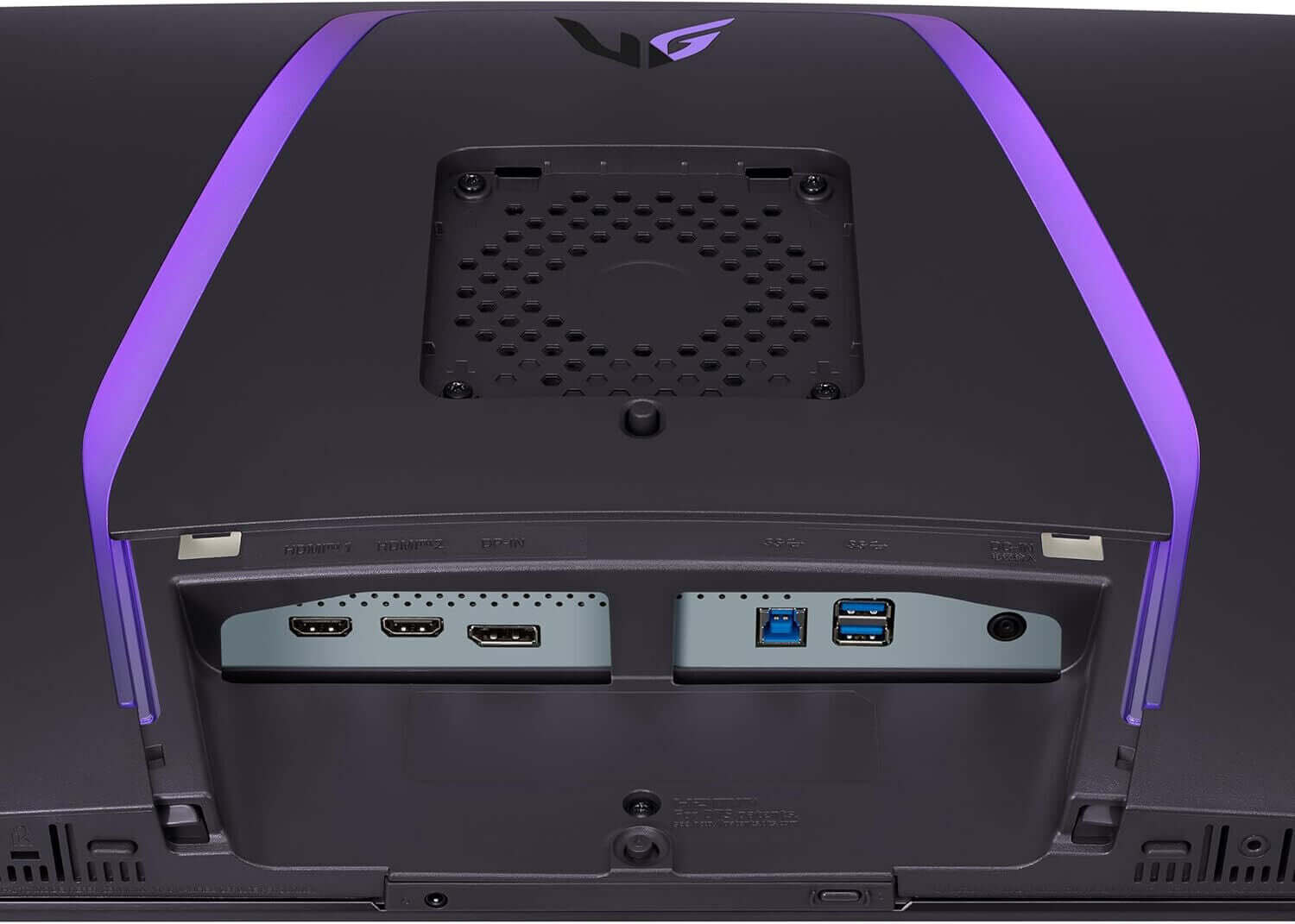 Rear view of LG UltraGear 32GS95UE-B gaming monitor showcasing HDMI and USB ports with purple LED accents