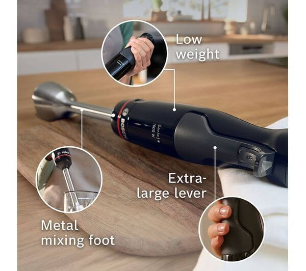 BOSCH ERGOMASTER hand blender features low weight, extra-large lever, and metal mixing foot for easy blending.