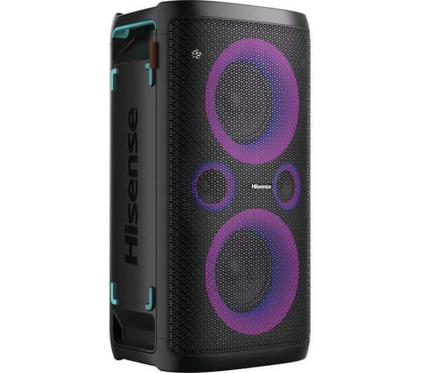 HISENSE PARTY STORM PORTABLE BLUETOOTH MEGASOUND 300W PARTY SPEAKER LED LIGHTS with vibrant LED accents.