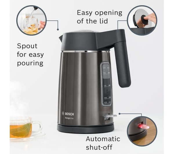BOSCH DesignLine Ergo TWK5P475GB 3000W 1.7L JUG KETTLE BLACK & ANTHRACITE features easy lid opening and automatic shut-off.