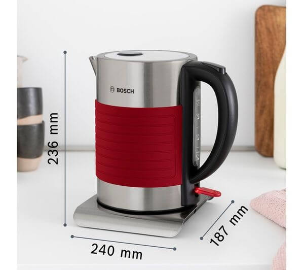 BOSCH Silicone TWK7S04GB 3000W 1.7L CORDLESS JUG STAINLESS STEEL KETTLE RED dimensions and design overview.