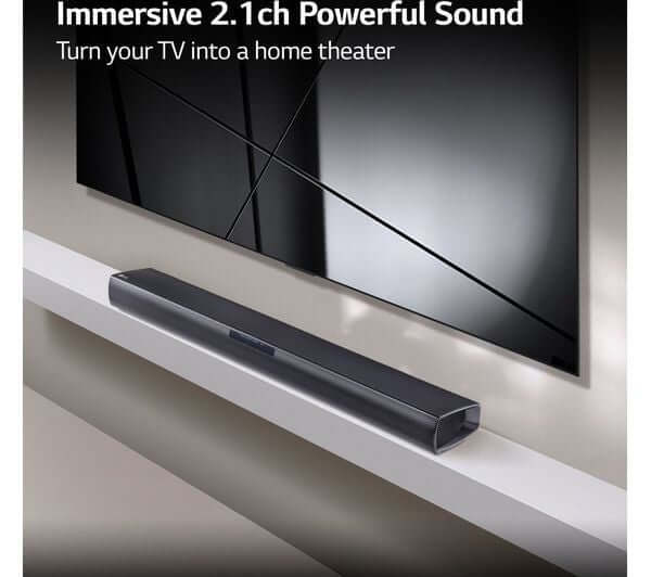 LG SOUNDBAR SQC1 2.1 160W BLUETOOTH 4.0 COMPACT WIRELESS SUBWOOFER placed below a TV for immersive sound.