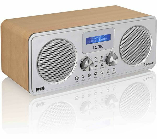 LOGIK L75DAB20 PORTABLE DAB+ FM BLUETOOTH 5.0 RADIO SILVER & WOOD USB on a reflective surface