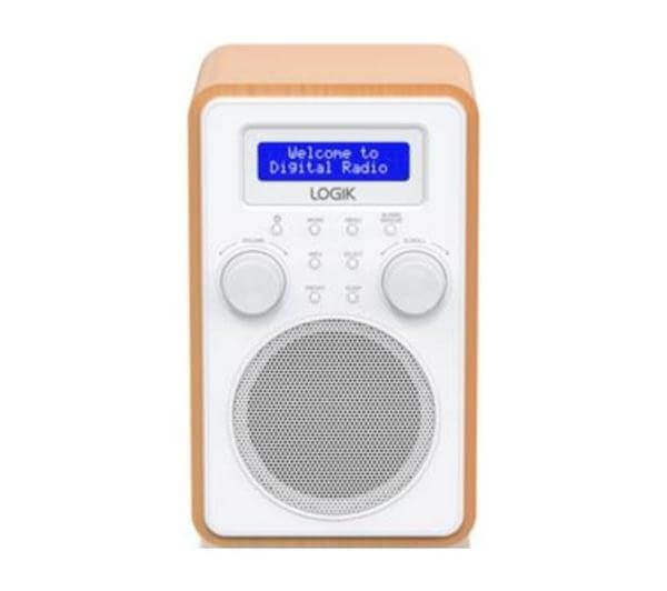 LOGIK L60DAB25 PORTABLE DAB+ FM RADIO ALARM MAINS OR BATTERY 2" LCD DISPLAY with woodgrain design and blue LCD screen.