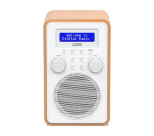 LOGIK L60DAB25 PORTABLE DAB+ FM RADIO ALARM MAINS OR BATTERY 2" LCD DISPLAY with woodgrain design and blue LCD screen.
