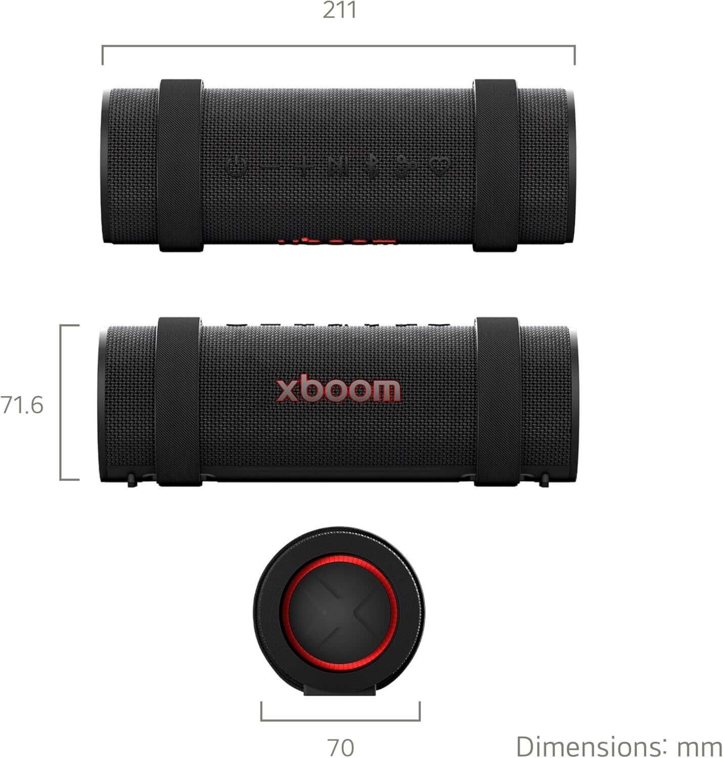 LG XBOOM GRAB PORTABLE BLUETOOTH SPEAKER 30W WATER RESISTANT IP67 AUX-IN BLACK dimensions top view and front view