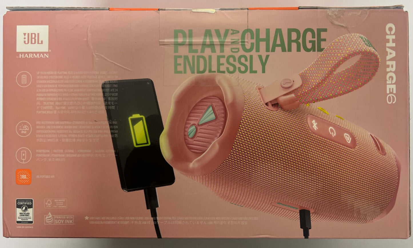 JBL CHARGE 6 PORTABLE 40W BLUETOOTH SPEAKER WATERPROOF IP68 USB TYPE-C PINK