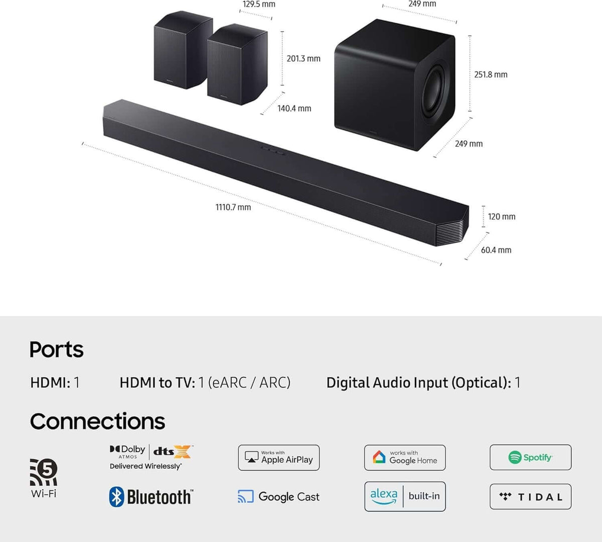 SAMSUNG HW-Q930F 9.1.4 WIRELESS 580W SOUNDBAR SUBWOOFER DOLBY ATMOS ALEXA NEW image showing dimensions and connections.