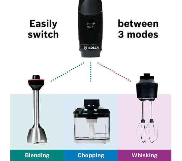 BOSCH 3-in-1 hand blender with three modes: blending, chopping, and whisking for versatile kitchen use.