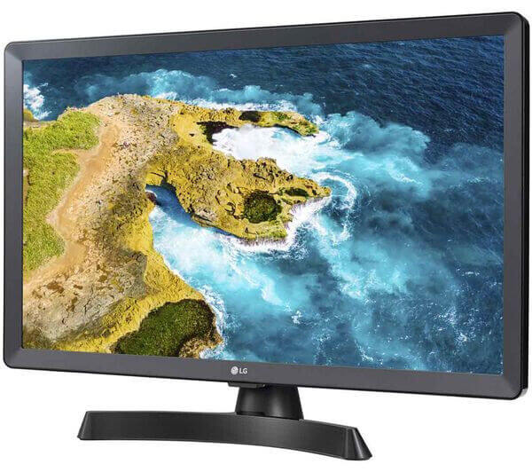 LG 24TQ510S 24" Smart HD LED TV Monitor displaying vibrant ocean and coastline. Ideal for work or streaming in small spaces.