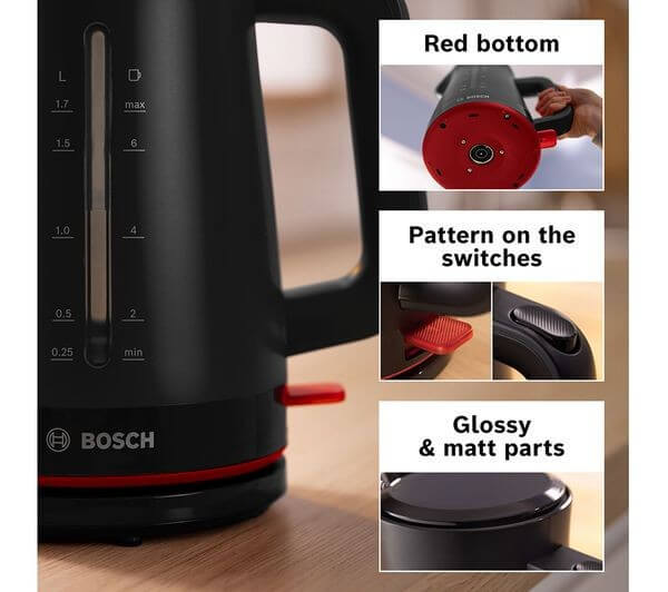 BOSCH MyMoments TWK3M123GB 3000W 1.7L ELECTRIC CORDLESS JUG KETTLE BLACK features red bottom, switch patterns, and glossy & matte parts.